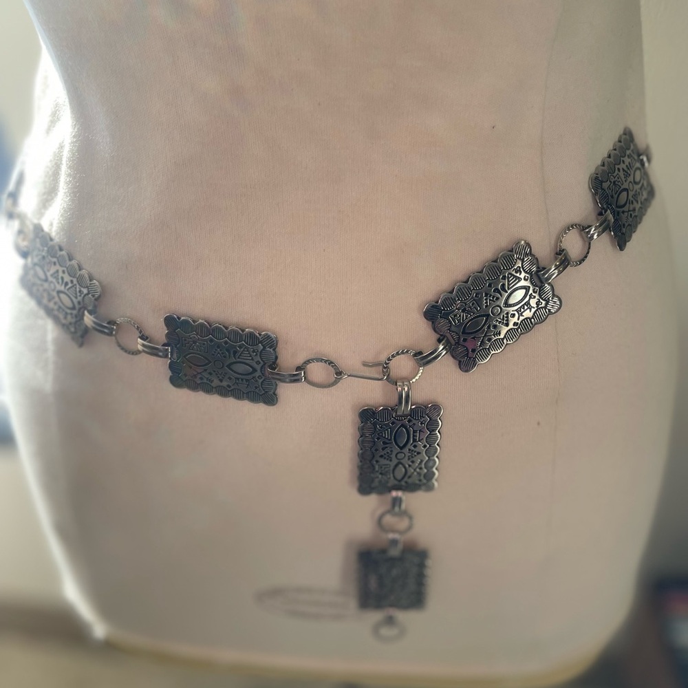 Southwestern Style Chain Belt with Intricate Native American Symbols Silvertone